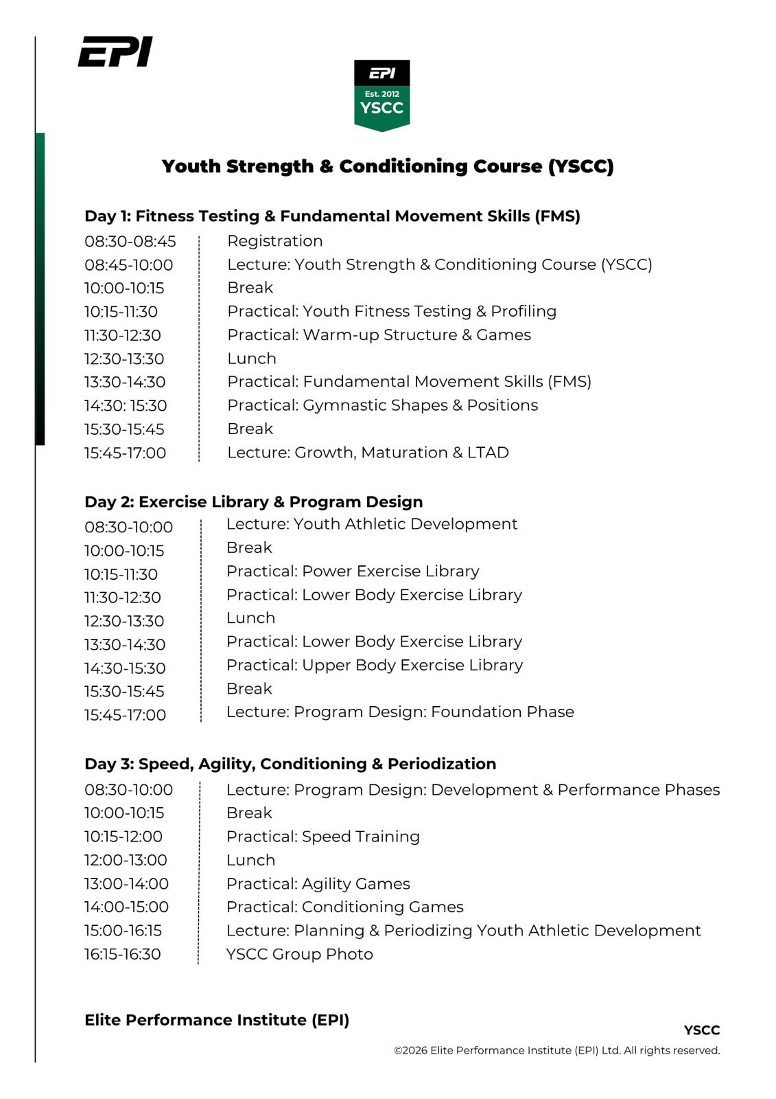 Detailný program EPI Youth Strength and Conditioning Course